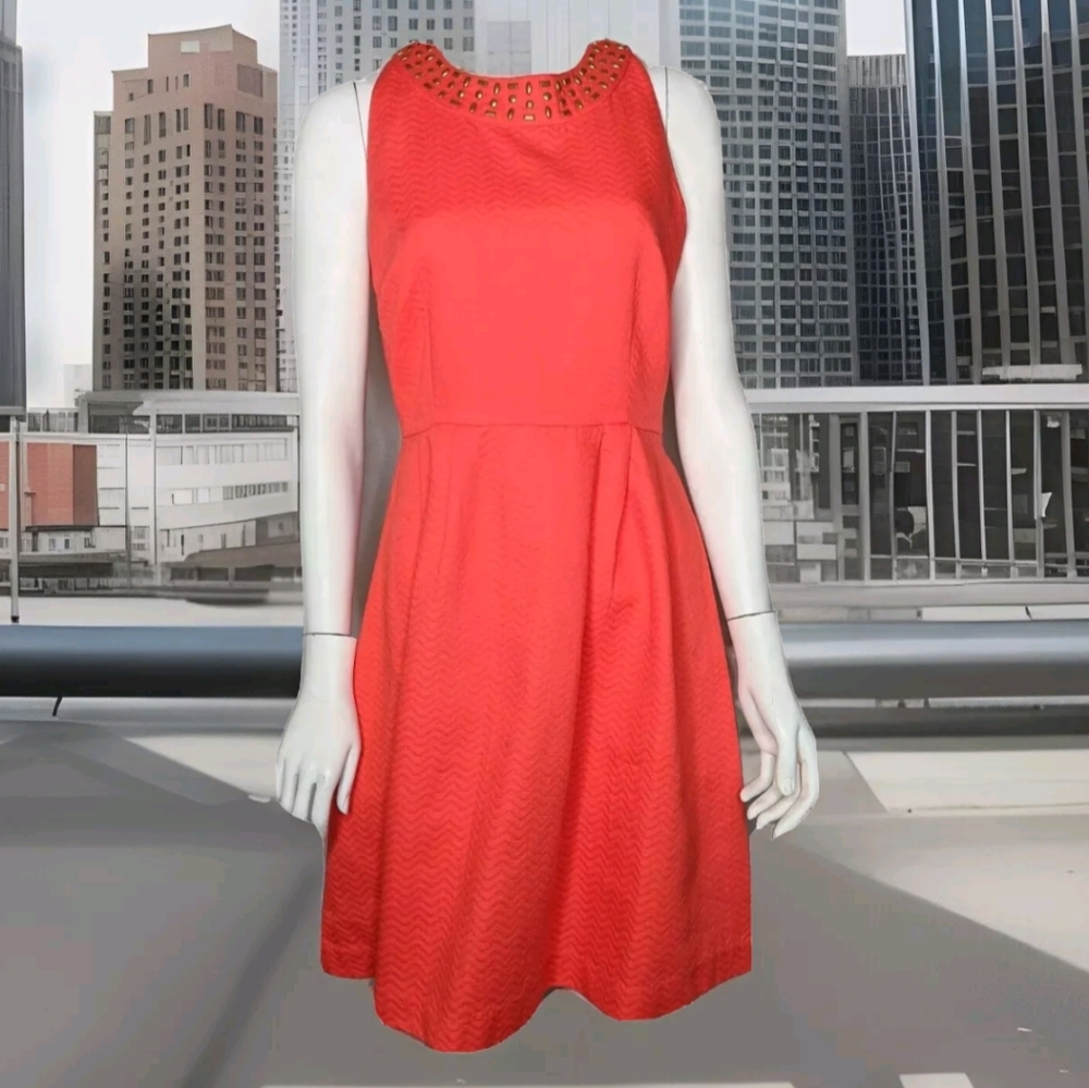 Orange Cotton Flirty Fit n Flare Dress With Studs